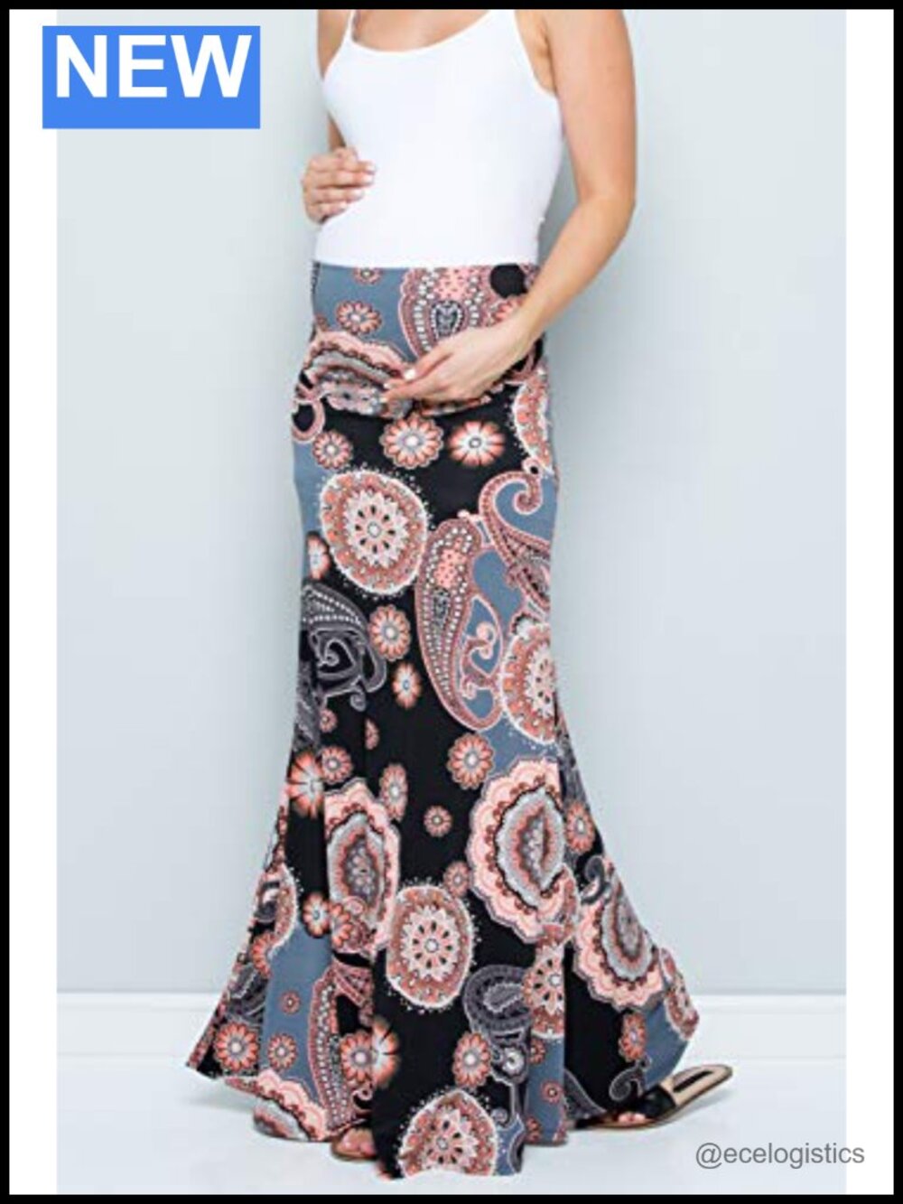 High Waisted Maternity Maxi Skirt with Tummy Control, Polyester Blend, Pull On - Picture 3 of 6